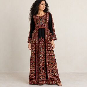 Palestinian Style Thobe Maxi Dress Womens M Black Tatreez Embroidered Jordan